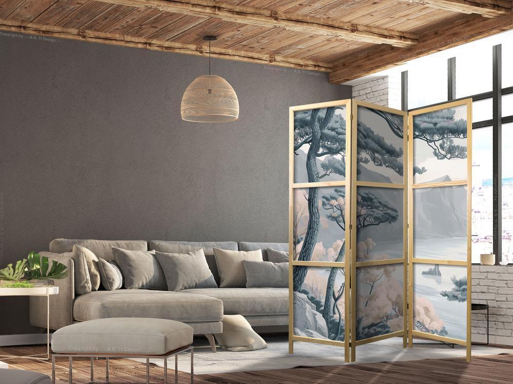 Parawan japoński - Górzyste wybrzeże z drzewami i skałami - w lekkich pastelowych błękitach