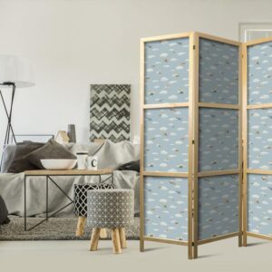 Parawan japoński - Ilustracja - żółto - niebieskie samoloty na tle błękitnego nieba