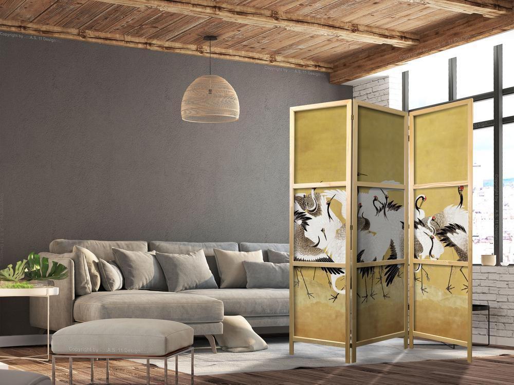 Parawan japoński - Japońskie żurawie - stado ptaków na tle w odcieniu złota na podstawie obrazu Ishida Yūtei