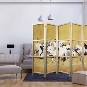 Parawan japoński - Japońskie żurawie - stado ptaków na tle w odcieniu złota na podstawie obrazu Ishida Yūtei