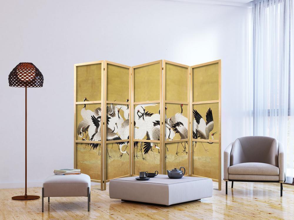 Parawan japoński - Japońskie żurawie - stado ptaków na tle w odcieniu złota na podstawie obrazu Ishida Yūtei