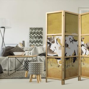 Parawan japoński - Japońskie żurawie - stado ptaków na tle w odcieniu złota na podstawie obrazu Ishida Yūtei