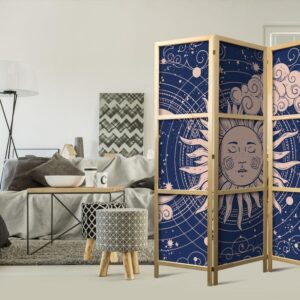 Parawan japoński - Kosmiczna Harmonia - ilustracja słońca i księżyca na granatowym tle