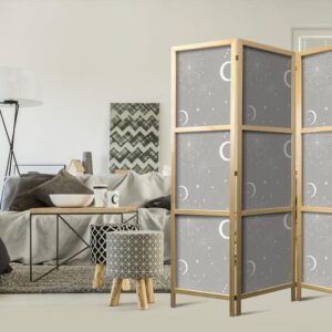 Parawan japoński - Kosmiczne Fajerwerki - elegancki wzór z księżycami i gwiazdami na szarym tle