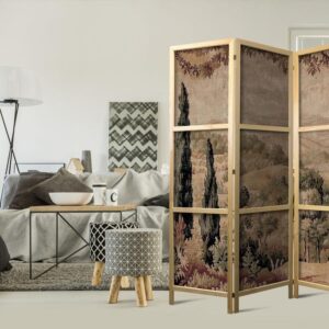 Parawan japoński - Krajobraz z cyprysami - stary gobelin ze śródziemnomorską roślinnością