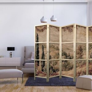 Parawan japoński - Krajobraz z cyprysami - stary gobelin ze śródziemnomorską roślinnością