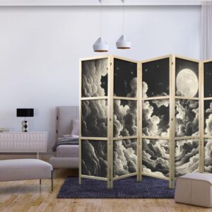 Parawan japoński - Księżyc i gwiazdy śpiewające wśród wielkich chmur