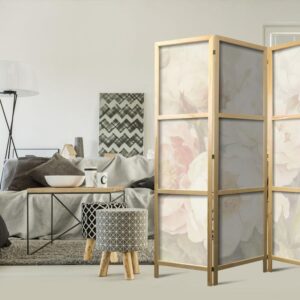 Parawan japoński - Kwitnące piwonie - jasne duże kwiaty otulone białą mgłą