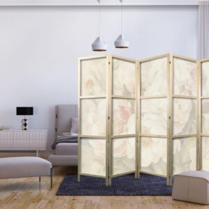 Parawan japoński - Kwitnące piwonie - jasne duże kwiaty otulone białą mgłą