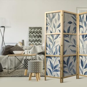 Parawan japoński - Liście w niebieskich kolorach - delikatny motyw botaniczny