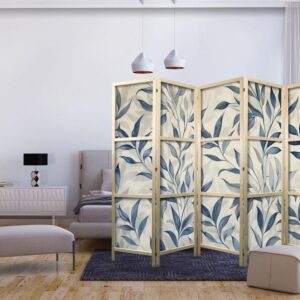 Parawan japoński - Liście w niebieskich kolorach - delikatny motyw botaniczny