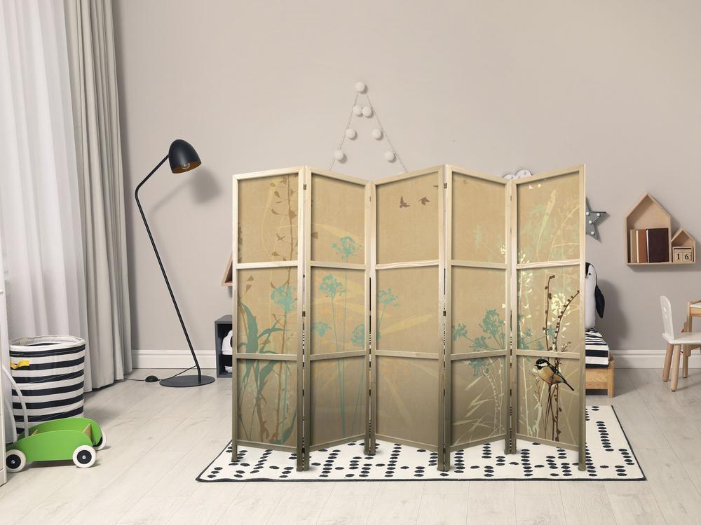 Parawan japoński - Malutki ptaszek - kolorowe trawy w złotych odcieniach zachodu słońca