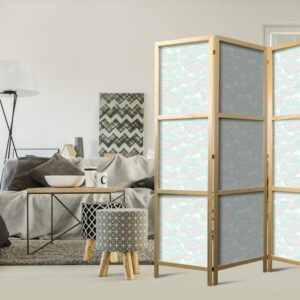 Parawan japoński - Minimalistyczne ryby - Rybki z szarych kropek na tle krystalicznej tafli wody w kolorystyce miętowej zieleni