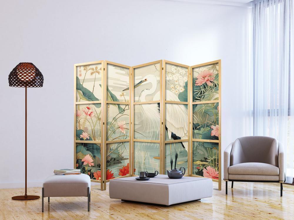 Parawan japoński - Nad azjatyckim stawem - ilustracja w stylu japońskiej ryciny, przedstawiająca czaplę