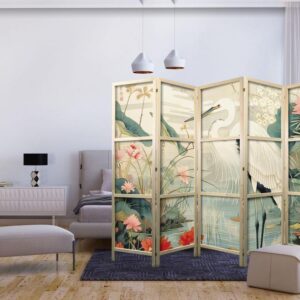 Parawan japoński - Nad azjatyckim stawem - ilustracja w stylu japońskiej ryciny, przedstawiająca czaplę