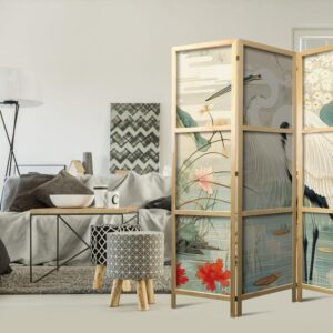 Parawan japoński - Nad azjatyckim stawem - ilustracja w stylu japońskiej ryciny, przedstawiająca czaplę