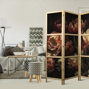 Parawan japoński - Okazałe tulipany - bukiet kwiatów w czerwieni i bieli na czarnym tle