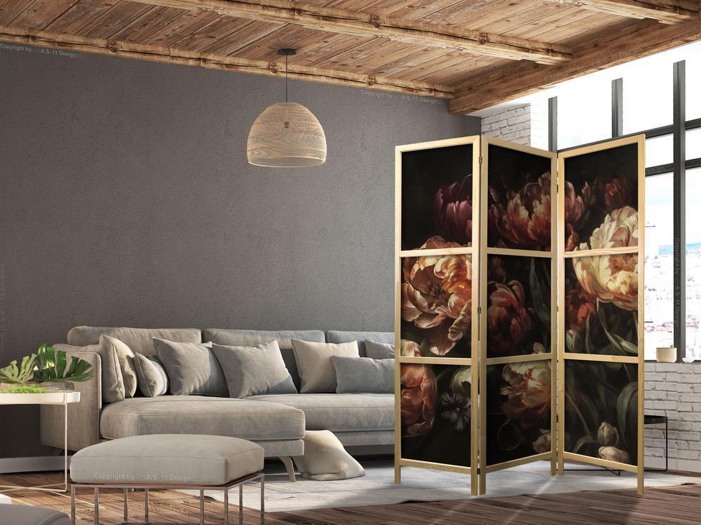 Parawan japoński - Okazałe tulipany - bukiet kwiatów w czerwieni i bieli na czarnym tle