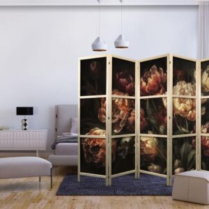 Parawan japoński - Okazałe tulipany - bukiet kwiatów w czerwieni i bieli na czarnym tle