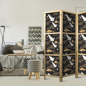 Parawan japoński - Orientalne impresje - dekoracyjny wzór z motywem lecących żurawi na ciemnym tle