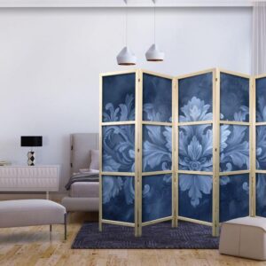 Parawan japoński - Ornament w błękitnych i chłodnych kolorach ciemnoniebieska dekoracja