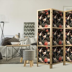 Parawan japoński - Ornament z ptakami - sylwetki żurawi i kwiaty piwonii na ciemnym tle