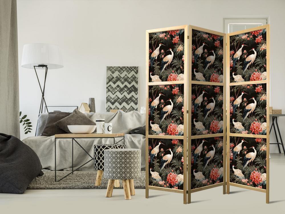 Parawan japoński - Ornament z ptakami - sylwetki żurawi i kwiaty piwonii na ciemnym tle