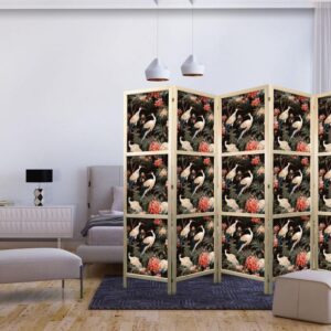 Parawan japoński - Ornament z ptakami - sylwetki żurawi i kwiaty piwonii na ciemnym tle