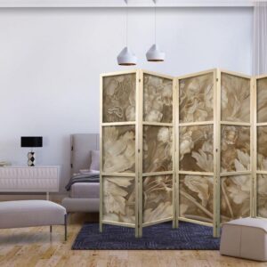 Parawan japoński - Ornamenty kwiatowe rzeźbione w delikatnych odcieniach sepii i brązu