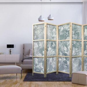 Parawan japoński - Ornamenty w przetartych zgaszonych turkusach - delikatny wzór roślinny