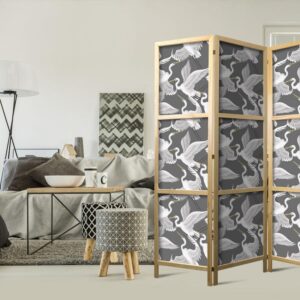 Parawan japoński - Pastelowe ptaki - delikatny wzór w biało-szare czaple na jasno-różowym tle