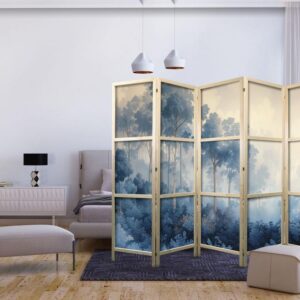 Parawan japoński - Pejzaż z drzewami w ilustracyjnym stylu - bajkowy niebieski las