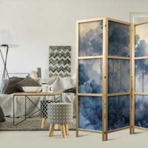 Parawan japoński - Pejzaż z drzewami w ilustracyjnym stylu - bajkowy niebieski las