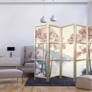 Parawan japoński - Pejzaż z oceanem - klifami i drzewami w delikatnych różowych barwach