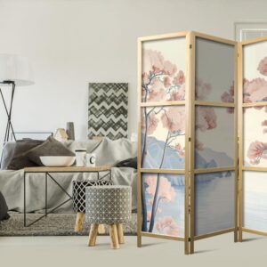 Parawan japoński - Pejzaż z oceanem - klifami i drzewami w delikatnych różowych barwach