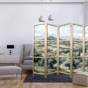 Parawan japoński - Pejzaż z zielonymi polami i drzewami - toskański słoneczny widok