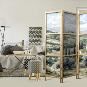 Parawan japoński - Pejzaż z zielonymi polami i drzewami - toskański słoneczny widok