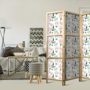 Parawan japoński - Piwonie - różowe i białe kwiaty i zielone listki na białym tle