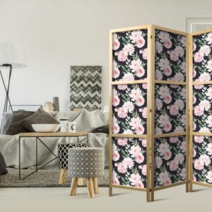 Parawan japoński - Piwonie - różowe kwiaty i zielone listki na grafitowym tle