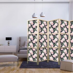 Parawan japoński - Piwonie - różowe kwiaty i zielone listki na grafitowym tle