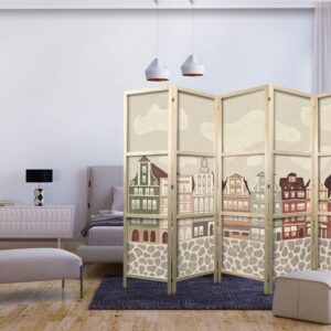 Parawan japoński - Plac Solny - kolorowe ilustrowane kamieniczki na tle nieba z chmurami