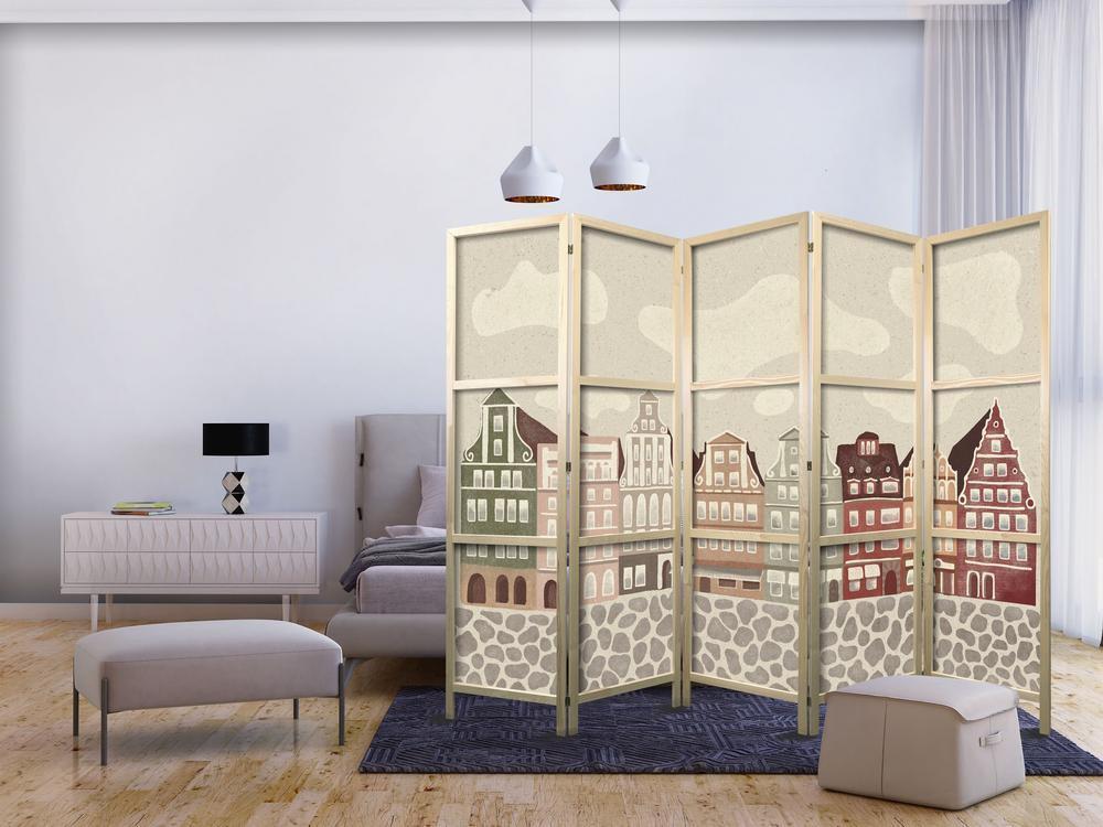 Parawan japoński - Plac Solny - kolorowe ilustrowane kamieniczki na tle nieba z chmurami