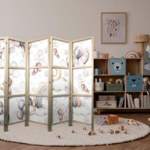 Parawan japoński - Pluszowe misie z balonikami - Latające jasno-brązowe misie pośród balonów - chmur i tęczy w stonowanej - pastelowej kolorystyce