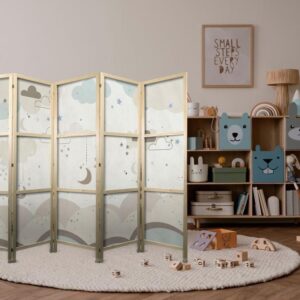 Parawan japoński - Pochmurne nocne niebo - Księżyce w brązach i beżach pośród licznych chmur oraz gwiazdek na jasnym tle