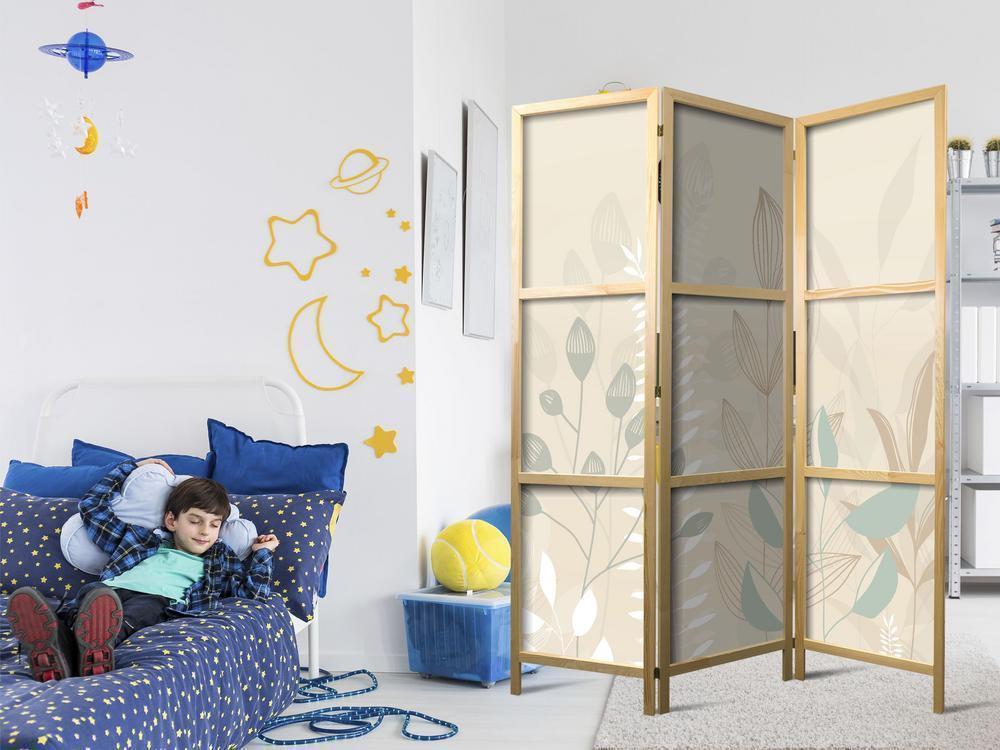 Parawan japoński - Poranek na polanie - różnorodne pastelowe rośliny na beżowym tle