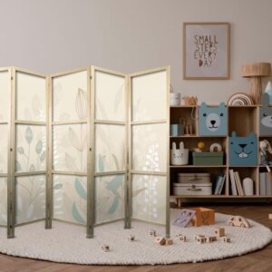 Parawan japoński - Poranek na polanie - różnorodne pastelowe rośliny na beżowym tle