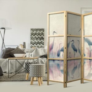 Parawan japoński - Ptaki nad jeziorem - czaple malowane akwarelą w delikatnej, szaro-różowej kolorystyce