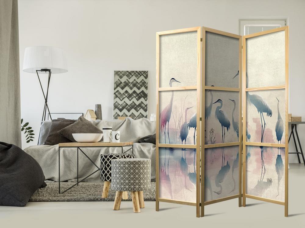 Parawan japoński - Ptaki nad jeziorem - czaple malowane akwarelą w delikatnej, szaro-różowej kolorystyce