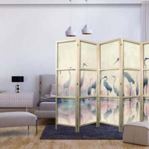 Parawan japoński - Ptaki nad jeziorem - czaple malowane akwarelą w delikatnej, szaro-różowej kolorystyce