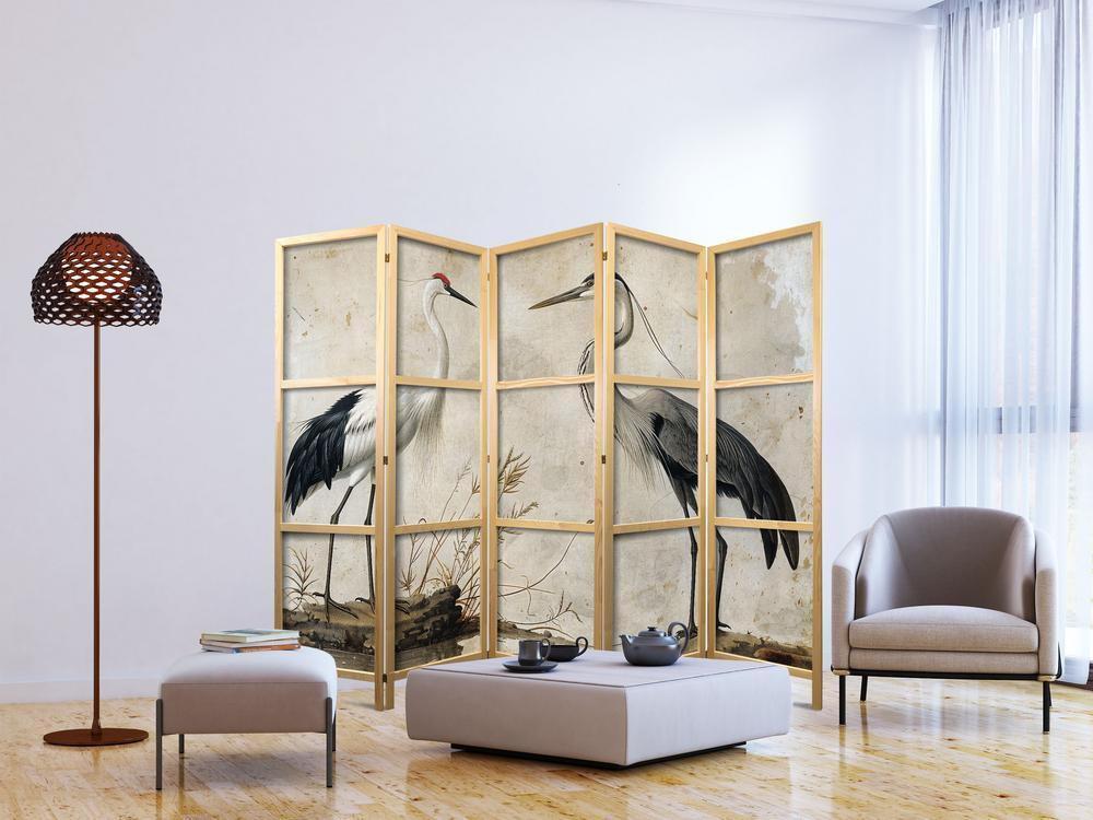 Parawan japoński - Ptaki ze starej ryciny - ilustracja w stylu vintage, przedstawiająca czaplę i żurawia